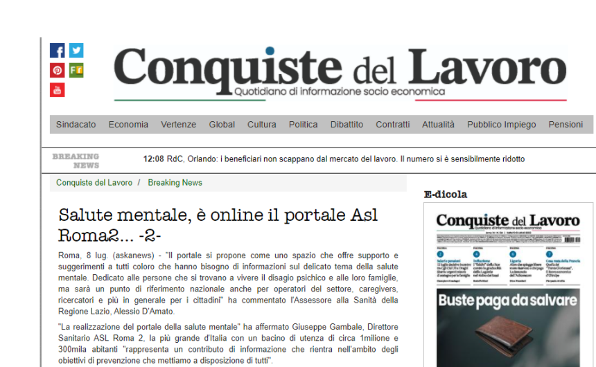 Conquiste del lavoro. Salute mentale, è online il portale della Asl Roma 2
