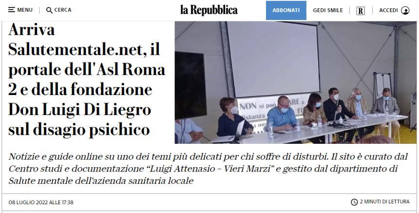 La Repubblica. Arriva salutementale.net, il portale dell’Asl Roma2 e della Fondazione Don Luigi Di Liegro sul disagio psichico