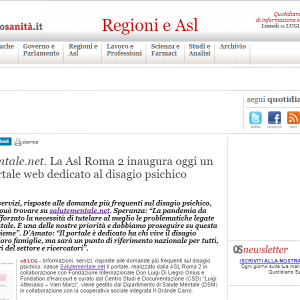 Quotidiano sanità.  Salutementale.net. La Asl Roma 2 inaugura oggi un nuovo portale web dedicato al disagio psichico