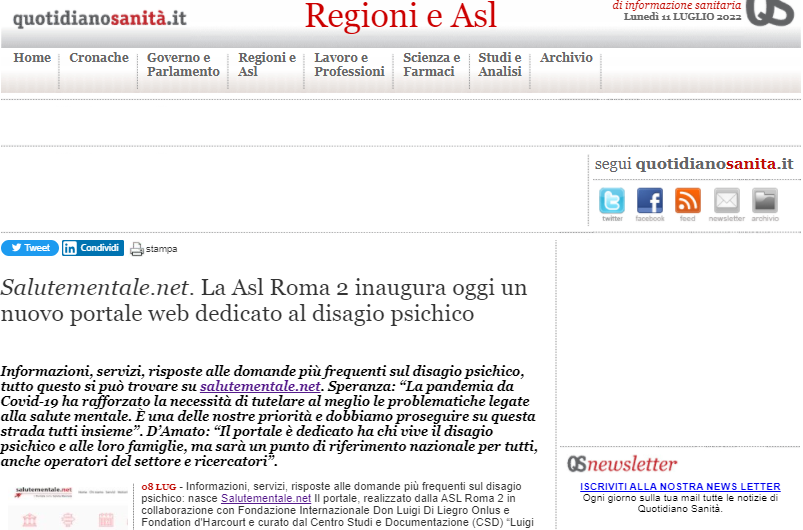 quotidianosanita_salutementale.net_asl_roma2 Quotidiano sanità. Salutementale.net. La Asl Roma 2 inaugura oggi un nuovo portale web dedicato al disagio psichico