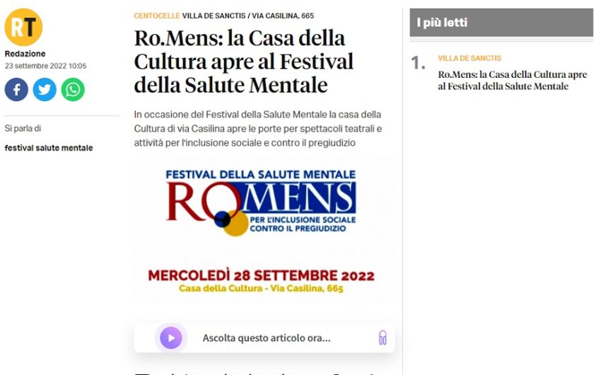 romatoday RomaToday. RO.MENS: la Casa della Cultura apre al Festival della Salute Mentale