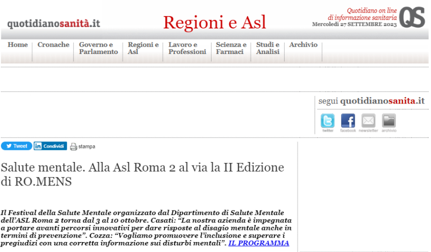 Salute mentale. Alla Asl Roma 2 al via la II Edizione di RO.MENS