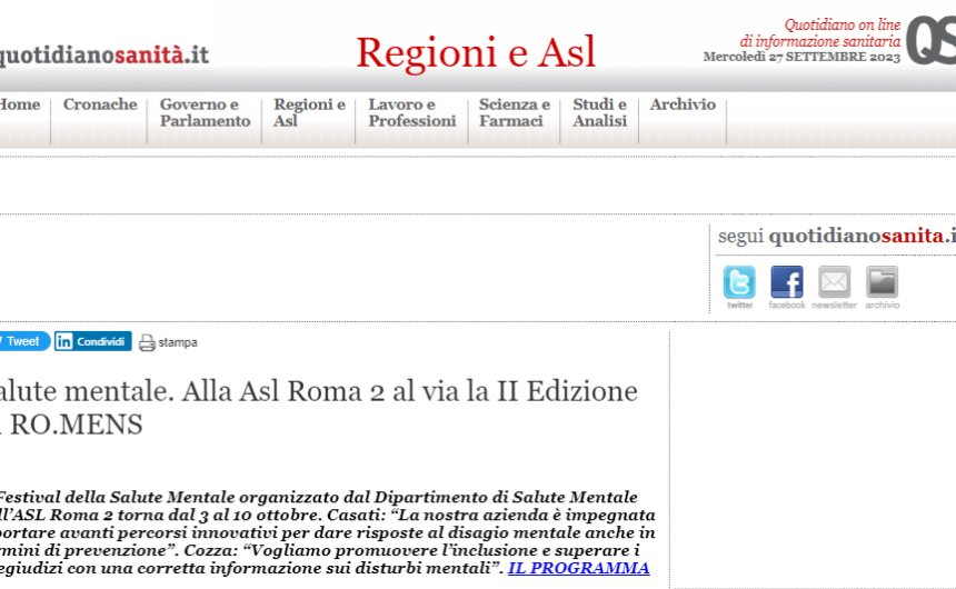 quotidiano Salute mentale. Alla Asl Roma 2 al via la II Edizione di RO.MENS
