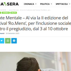 Salute Mentale – Al via la II edizione del Festival ‘Ro.Mens’, per l’inclusione sociale contro il pregiudizio, dal 3 al 10 ottobre