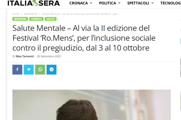 Salute Mentale – Al via la II edizione del Festival ‘Ro.Mens’, per l’inclusione sociale contro il pregiudizio, dal 3 al 10 ottobre