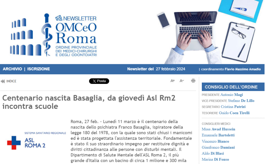 OMCeO Centenario nascita Basaglia, da giovedì Asl Rm2 incontra scuole