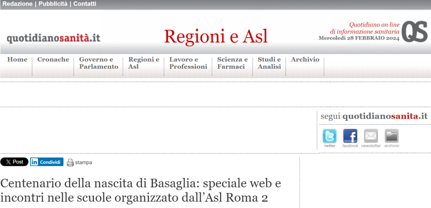 Centenario della nascita di Basaglia: speciale web e incontri nelle scuole organizzato dall’Asl Roma 2