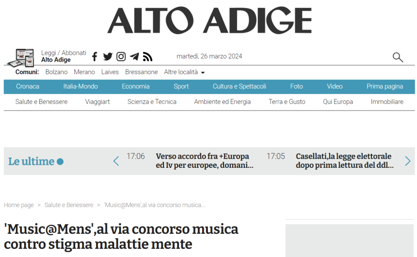 altoadige ‘Music@Mens’,al via concorso musica contro stigma malattie mente