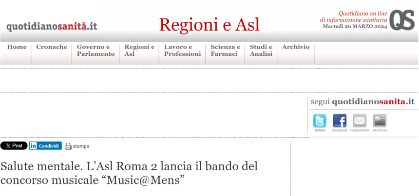 Salute mentale. L’Asl Roma 2 lancia il bando del concorso musicale “Music@Mens”